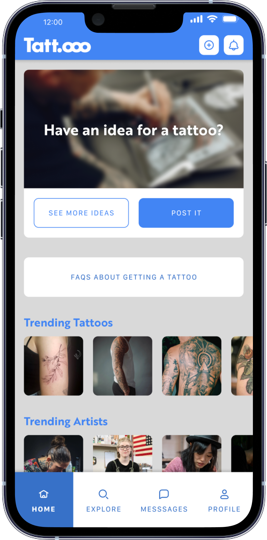 A preview image showing a variety of iPhone app mockups from the Tattooo project.